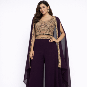 Purple Designer Crop Top Palazzo Set with Cape - Image 2