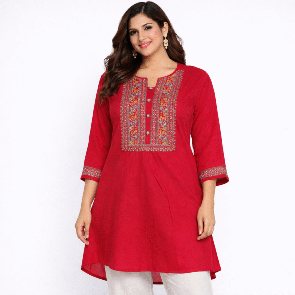 Women’s Red Embroidered Short Kurti – Stylish Ethnic Casual & Festive Wear