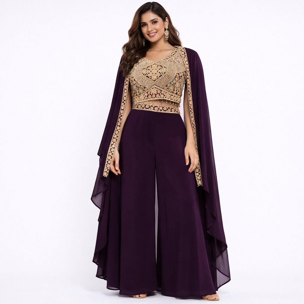 Purple Designer Crop Top Palazzo Set with Cape - Image 1